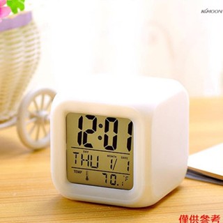 白色七彩鬧鐘 創意變色七彩方形鬧鐘 LED靜音小夜燈電子鐘