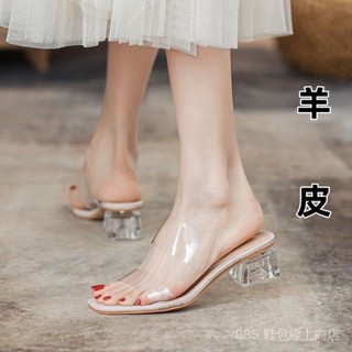 🎁臺灣出貨🎁 蜻蜓正品真皮涼鞋女年新款夏季時尚外穿拖鞋高跟鞋水晶跟透明涼拖 品質保障🎁B8-2-10