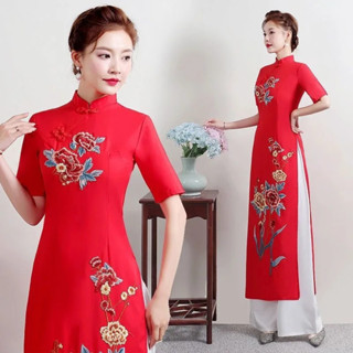 夏季女式傳統越南奧黛旗袍套裝東方花朵刺繡派對晚禮服