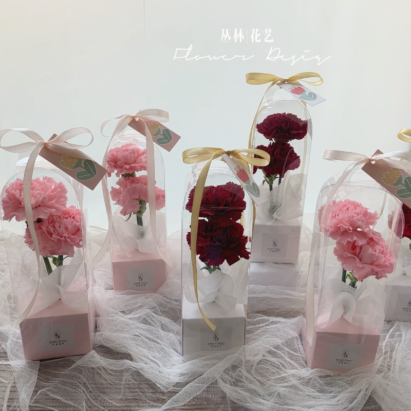 【花束包裝盒】手提花盒透明pvc鮮花插花空盒玫瑰禮盒單支小花盒粉色花束包裝盒