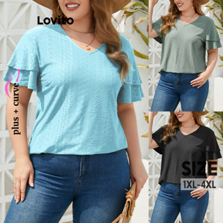 Lovito 優雅素色鏤空布料大尺碼女款 T恤 LNL45122