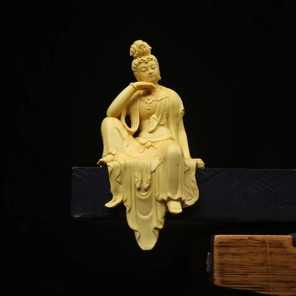 崖柏自在觀音實木雕刻擺件黃楊木工藝品木雕菩薩佛像古典室內裝飾