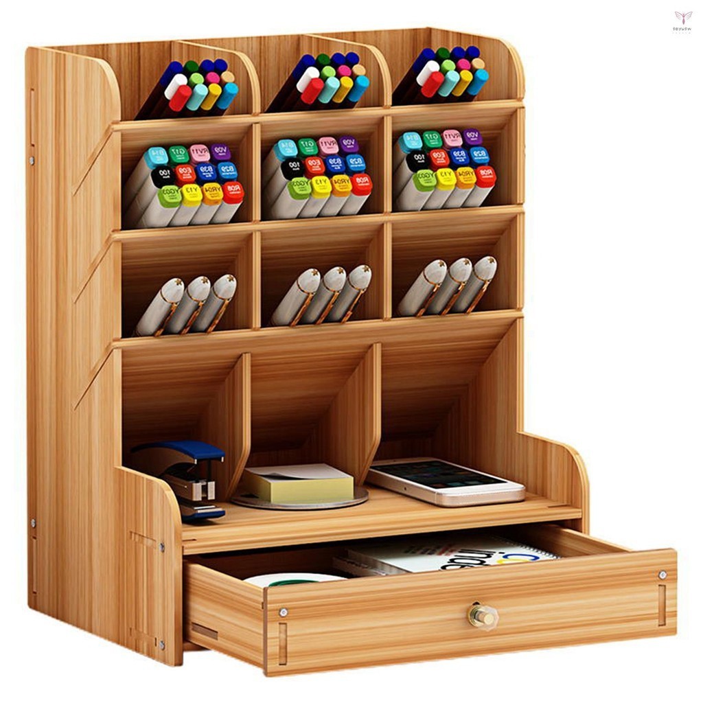 Uurig)木製桌面收納盒多功能筆筒收納盒桌面文具收納收納盒帶抽屜,適用於家庭辦公室學校