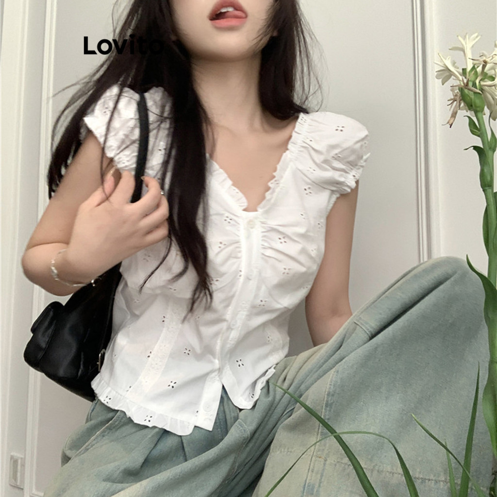 Lovito 女士休閒素色蕾絲襯衫 LNA52124