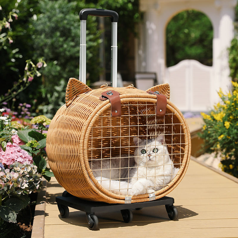 藤編寵物拉桿箱貓包外出便攜大容量貓咪背包手提式寵物貓咪行李箱