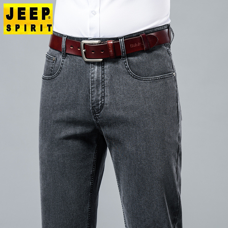 JEEP SPIRIT 春夏新品男士品牌牛仔褲商務休閒寬鬆直筒彈力黑灰刺繡薄款J8021