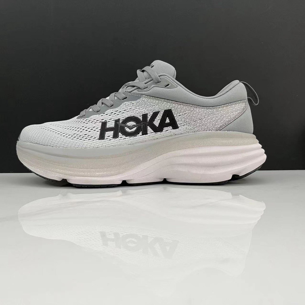 高品質 Hoka One One Bondi 8 女士男士合身跑鞋夏季鯊魚灰色/霧灰色