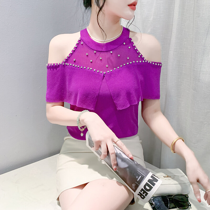 Miou美麗火辣鑽石女舞襯衫2024新款性感露肩t恤夏季短袖紫色上衣