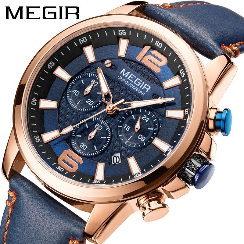 【現貨秒發】新品美格爾MEGIR男士 手錶多功能計時真皮運動石英錶2156 FDXM