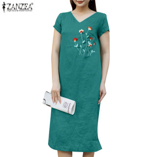 Zanzea 女士度假日常刺繡短袖 A 領開衩設計時尚休閒連衣裙