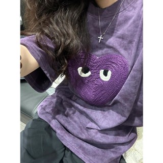【工藝高品質】熱門夏季紫色短袖T恤女 設計感寬鬆圓領T恤 刺繡百搭上衣 7782