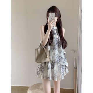 👗優衣優褲👗2025年夏季新款水墨印花掛脖無袖上衣 半身裙兩件套名媛風套裝潮