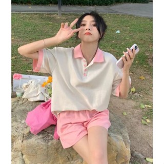 【HOT 本舖】 運動套裝女夏季學生韓版寬鬆時尚polo領上衣短袖短褲休閒兩件套潮