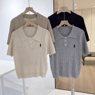 【HOT 本舖】 刺繡短袖polo領灰色針織衫女春夏復古麻花百搭小衫上衣