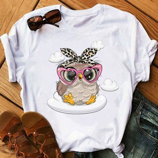 cute owl Tees夏季大尺碼可愛貓頭鷹女士上衣休閒顯瘦可愛女短袖T恤