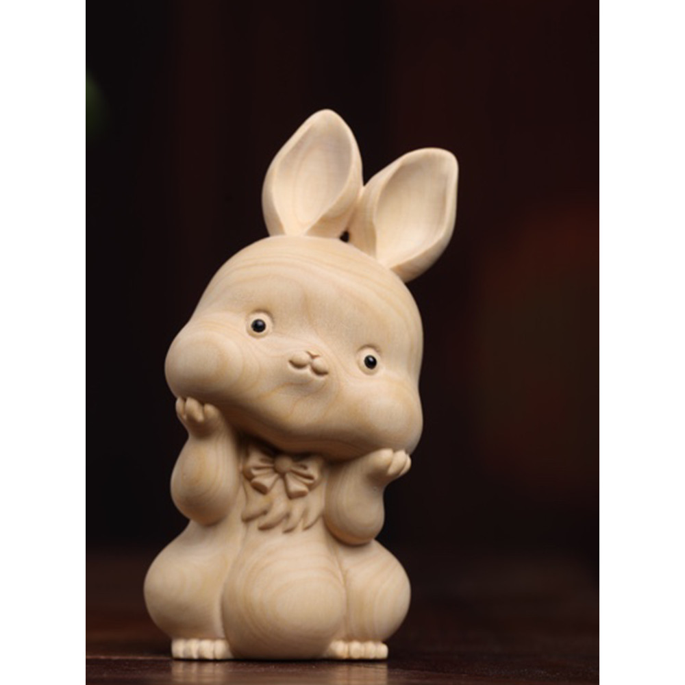 【現貨】小葉黃楊木雕托腮賣萌小兔子手把玩件實木雕刻工藝生肖兔禮物擺件