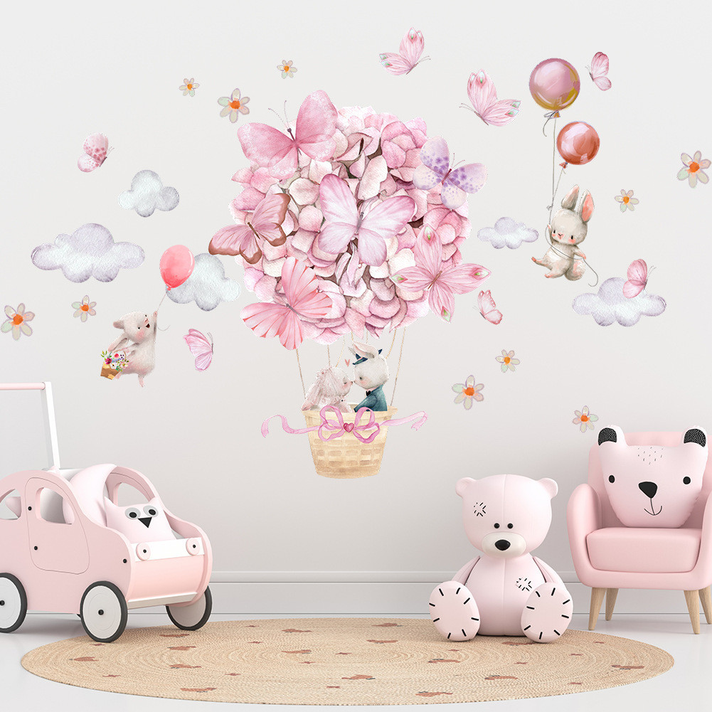 粉色熱氣球小兔子牆貼,公主房溫馨裝飾貼紙少女心自粘貼畫