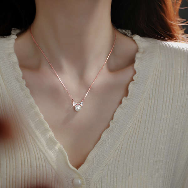 925純銀珍珠項鍊女輕奢小眾設計高級感鋯石蝴蝶結頸鍊優雅鎖骨鏈