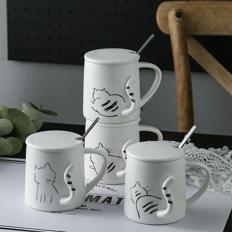 卡通貓咪馬克杯 帶蓋帶勺家用水杯 早餐杯 辦公室咖啡杯 可愛貓咪女生水杯