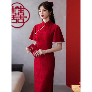 【桃喜Rich現貨】旗袍系列 中式婚禮 新娘紅色敬酒服旗袍 氣質高階感低領紅色改良旗袍洋裝 年輕款喜慶婚宴禮服