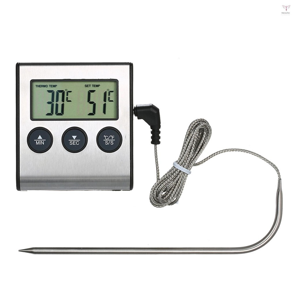 燒烤爐溫度計食物溫度計 0~250°C 帶鬧鐘定時器功能的食物烹飪溫度計 LCD 數字食物溫度計,用於廚房燒烤牛排燒烤
