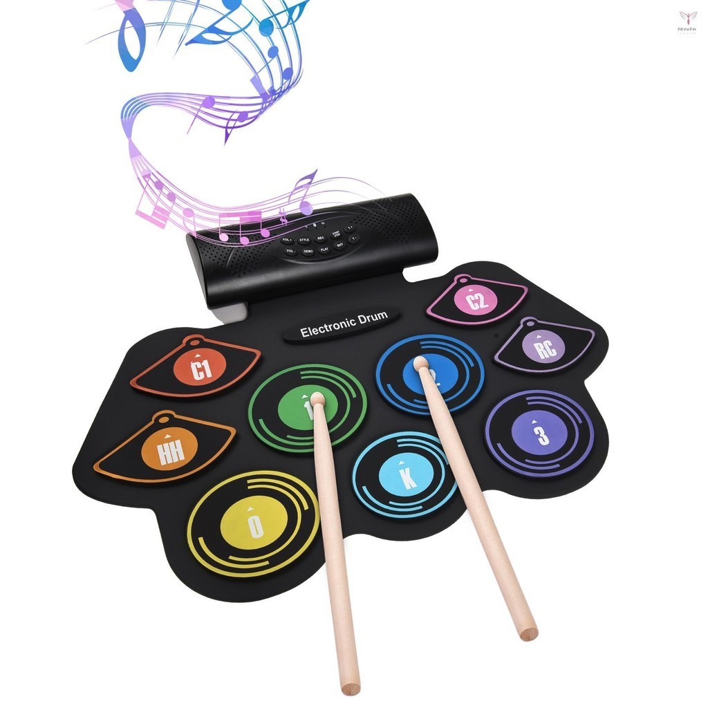 電子鼓組手捲鼓組 9 墊內置立體聲揚聲器帶鼓槌腳踏板節日生日禮物彩色練習墊鼓套件