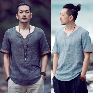 中國風男裝 透氣舒適男上衣 漢服短袖古風上衣 棉麻T恤夏季寬鬆 中式復古亞麻t恤 男生衣著