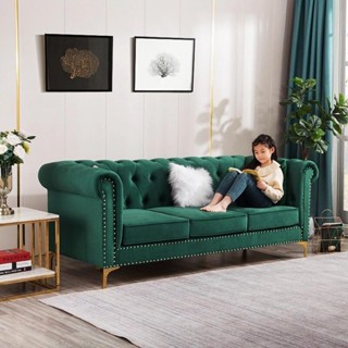 美式輕奢小戶型布藝鉚釘北歐現代簡約復古三人墨綠色絲絨拉扣沙發沙發 客廳沙發 三人沙發 美式沙發