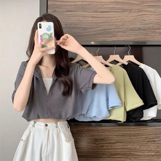 💖臺灣出貨💖假兩件上衣 短版上衣 女裝 設計感小眾假兩件獨特V領短袖T恤女夏季2024年新款短款別致上衣夏