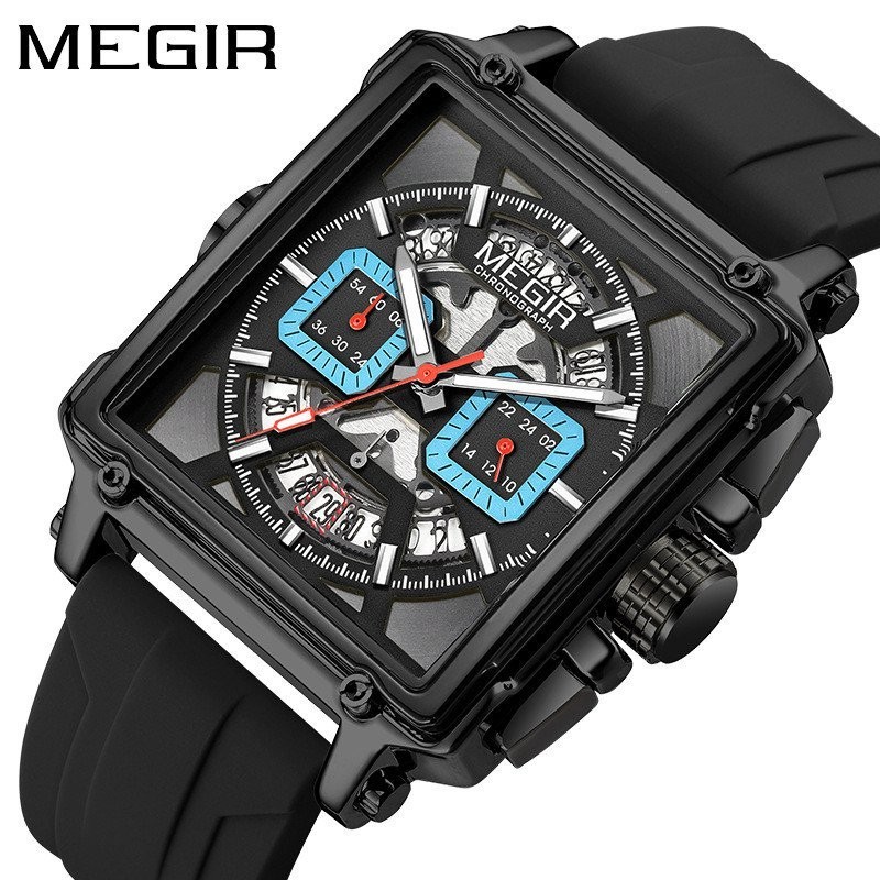 【現貨秒發】MEGIR美格爾男士時尚潮流多功能運動表方形防水夜光日曆手錶2233 TR6W