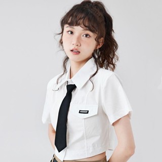 💖臺灣出貨💖短版襯衫 短袖襯衫 白色襯衫 女裝 日系jk短袖襯衣女2024年春季學院風短款襯衫收腰襯衫修身酷辣上衣