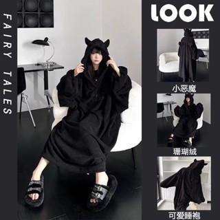 小惡魔毛絨睡衣女毛絨加厚珊瑚絨連帽睡衣小惡魔毛絨睡衣女加絨加厚珊瑚絨連帽睡袍