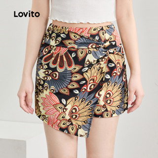 Lovito 波西米亞部落印花不對稱圖案女用短褲 L124AD278