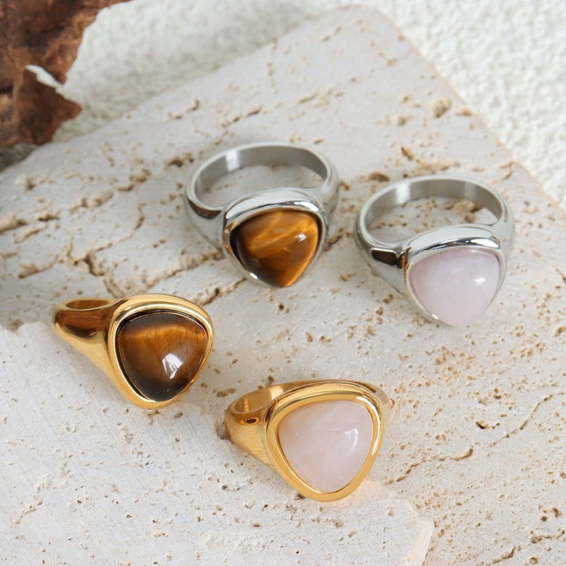 天然粉晶石天然虎眼石戒指 時尚個性百搭對戒不鏽鋼指環飾品