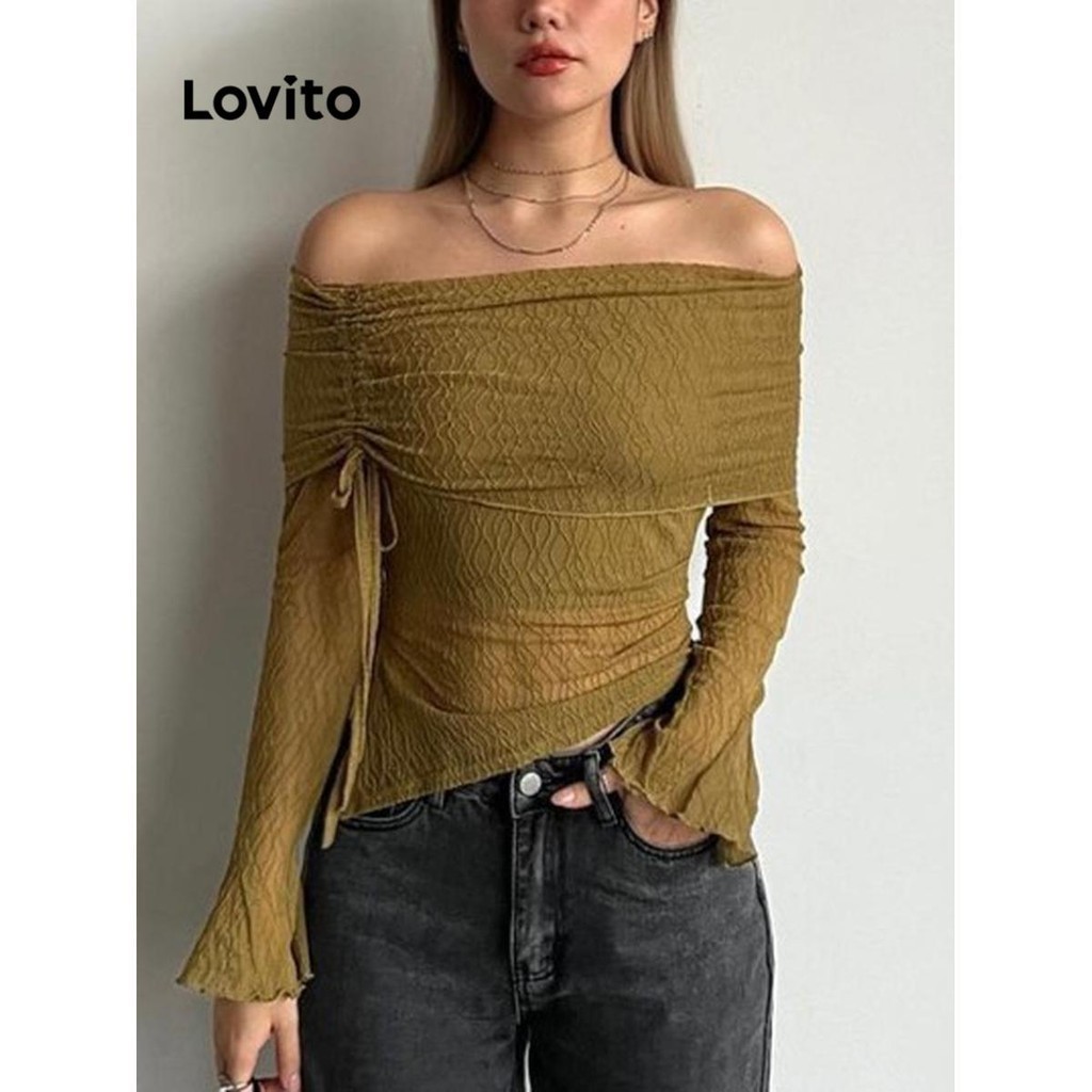 Lovito 女用休閒素色生菜飾抽繩襯衫 LNL56339