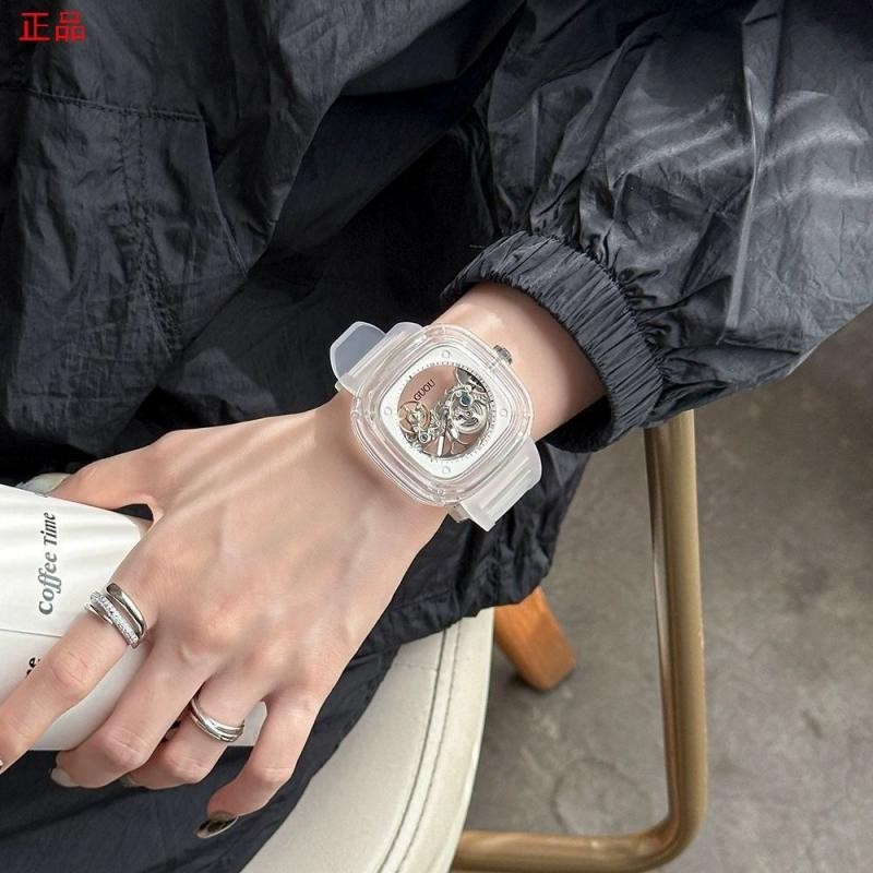 新款2024時尚透明設計方形氣質矽膠帶輕奢小眾女士腕錶潮流機械錶New 2024 Fashion Transparent