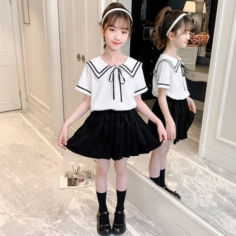 女童學院風套裝韓版制服 女童學院風百褶裙夏裝兩件套 女童短袖娃娃衫夏季兒童套裝