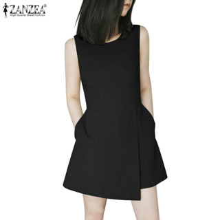 Zanzea 女式韓版圓領無袖寬鬆不規則拼接連衣裙