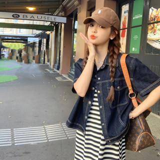 復古 翻領 牛仔外套 女 短款 夏季 薄款 2024 新款 韓版 小個子 上衣 短袖 襯衫