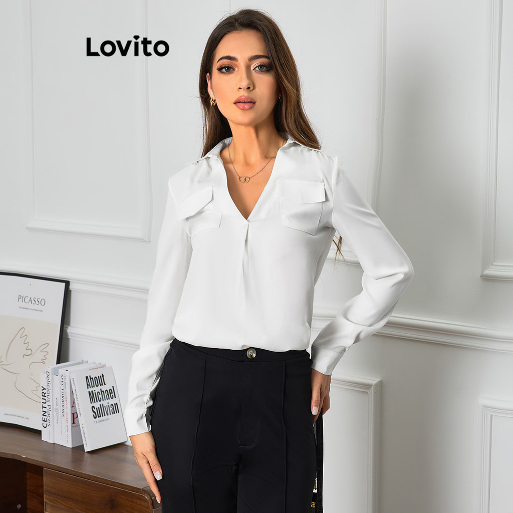 Lovito 女用優雅素色口袋襯衫 LBL11063