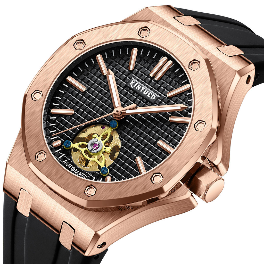 KINYUED 全自動男士手錶 機械錶 鏤空機械手錶 商務時尚男表 矽膠錶帶機械錶 K047