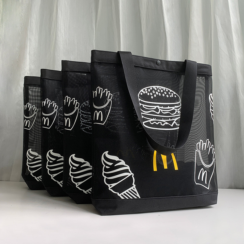 【客製化】【尼龍袋】訂製 麥當勞 環保購物 尼龍網紗袋 便攜大容量 單肩收納 防水拉鍊 網格袋