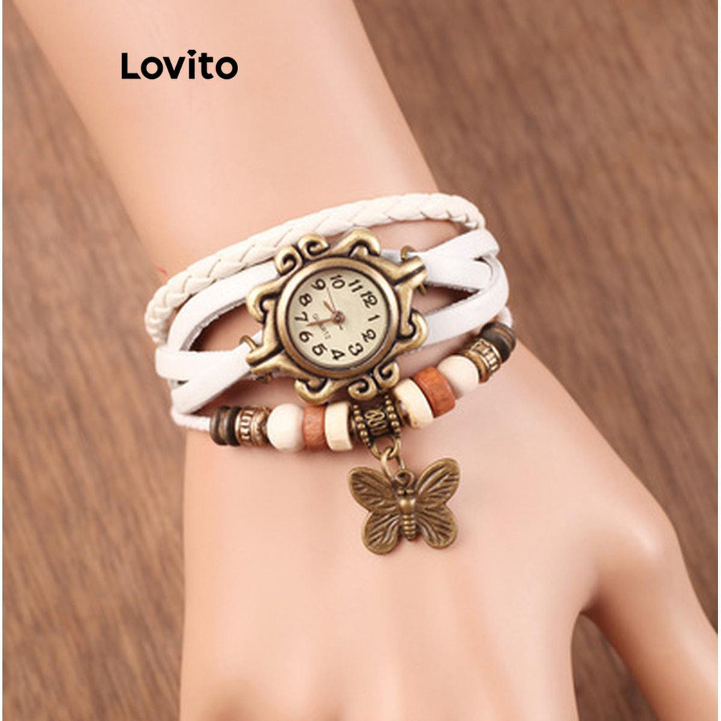 Lovito 女士復古素色蝴蝶串珠編織石英手錶 LFA24125