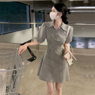 💖臺灣出貨💖POLO洋裝 韓版顯瘦連身裙 女裝 港味polo領泡泡袖連衣裙女夏季可鹽可甜短裙小個子收腰短袖裙子潮