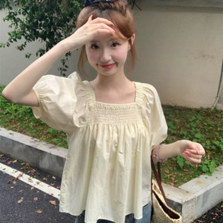 Lisagia🌸新款韓版簡約風學生襯衫女 短袖襯衫 夏季鬆緊方領純色小個子娃娃衫 韓系減齡短袖上衣 百搭襯衣
