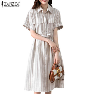Zanzea 女式韓版船領短袖口袋領帶條紋門襟襯衫裙
