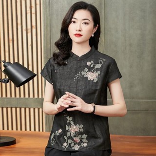 【上衣.短袖】.新中式含真絲上衣.斜襟外搭.龜紋香雲紗重磅龜裂紋香雲紗T恤女短袖夏高級復古刺繡媽媽桑蠶絲模擬絲上衣