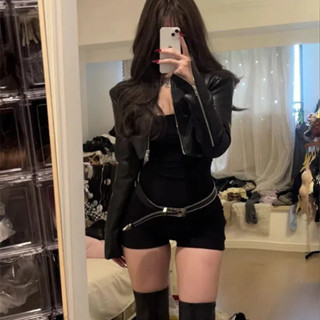【特惠免運】衣服 上衣 辣妹衣 辣妹黑色短款PU皮衣外套女秋季純欲高階感修身機車皮夾克上衣