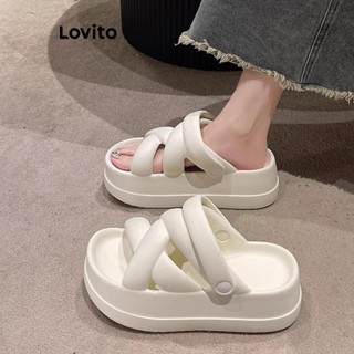 Lovito 休閒素色十字交叉時尚厚底增高軟底女式外平底涼鞋 LFA60401