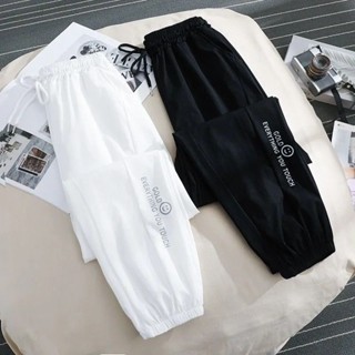 冰絲速乾運動褲女夏季薄款笑臉寬鬆束腳九分棉褲休閒燈籠褲子